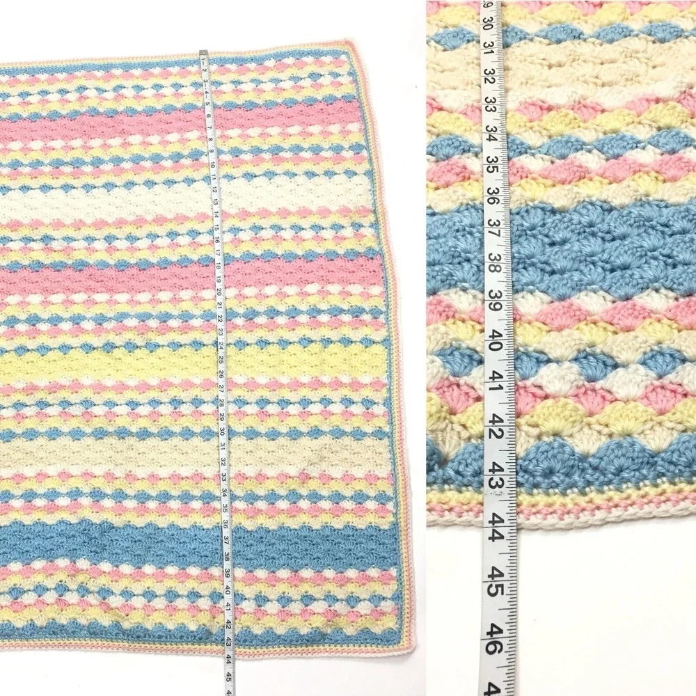 Pastel White Yellow Blue Pink Baby Blanket Lap Afghan Crocheted 35‎ x 44 inches